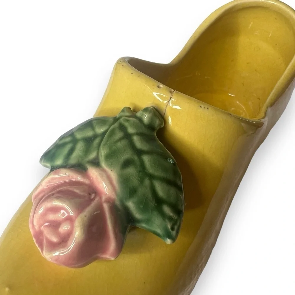 McCoy Dutch Shoe Yellow Glazed Ceramic Planter Flower Rose Vintage